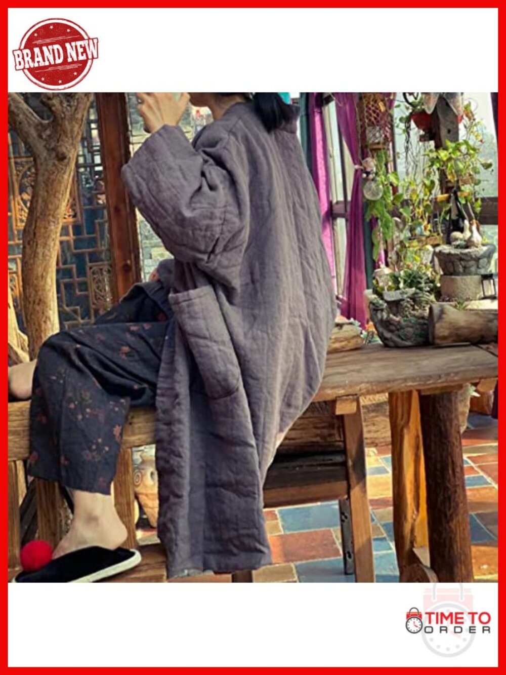 Quilted Open Front Kimono Jacket Long Coat Oversized Winter Linen - Picture 5 of 6